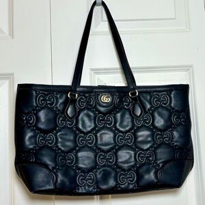 Gucci Monogram GG Stitching Black Leather Large Tote Handbag